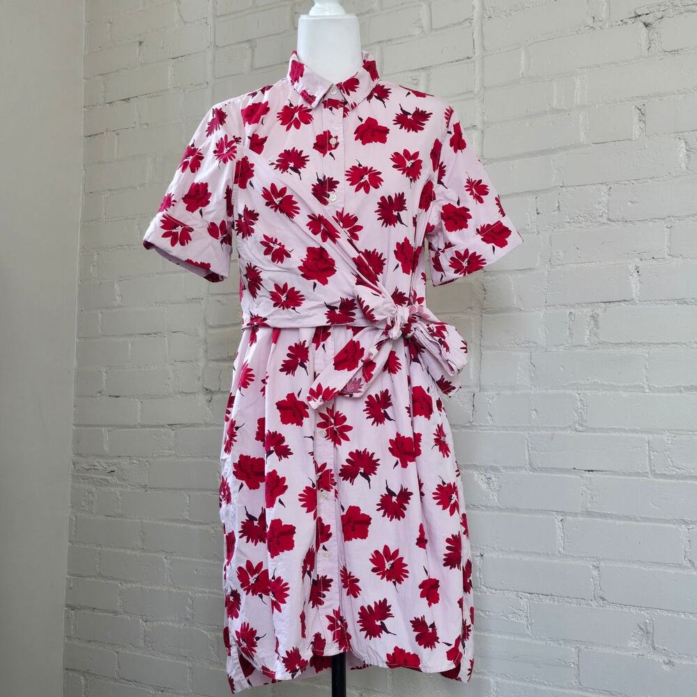Cottagcore Pink Shirt Dress ┃Red Floral Print┃Tie-Front  Casual Summer Outfit